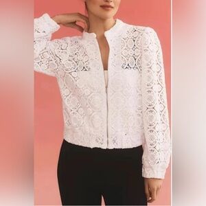 By Anthropologie White Crochet Bomber Jacket
